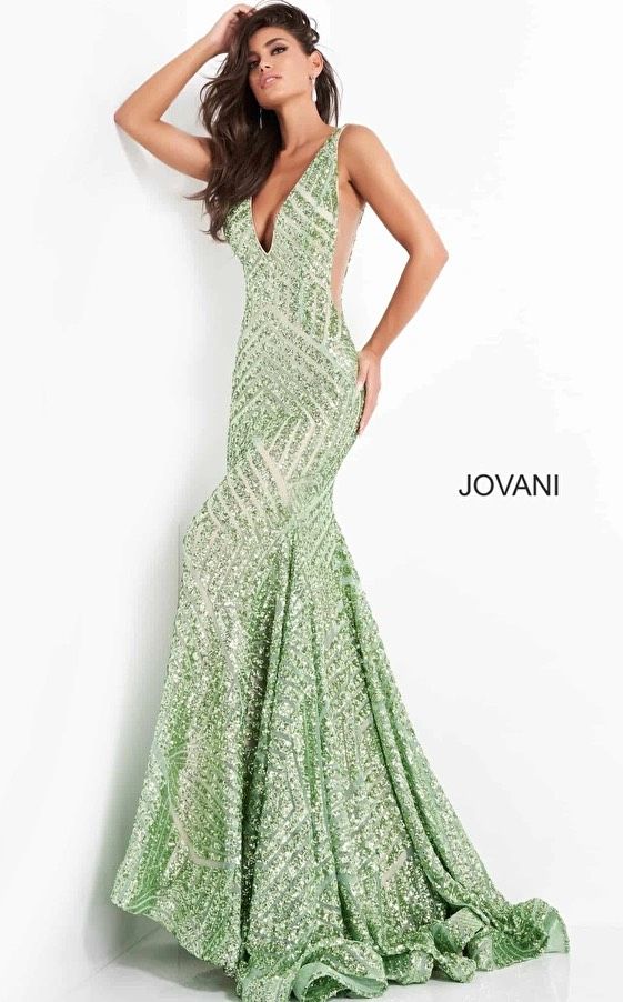 Jovani Size 4 Prom Sheer Emerald Green Mermaid Dress on Queenly