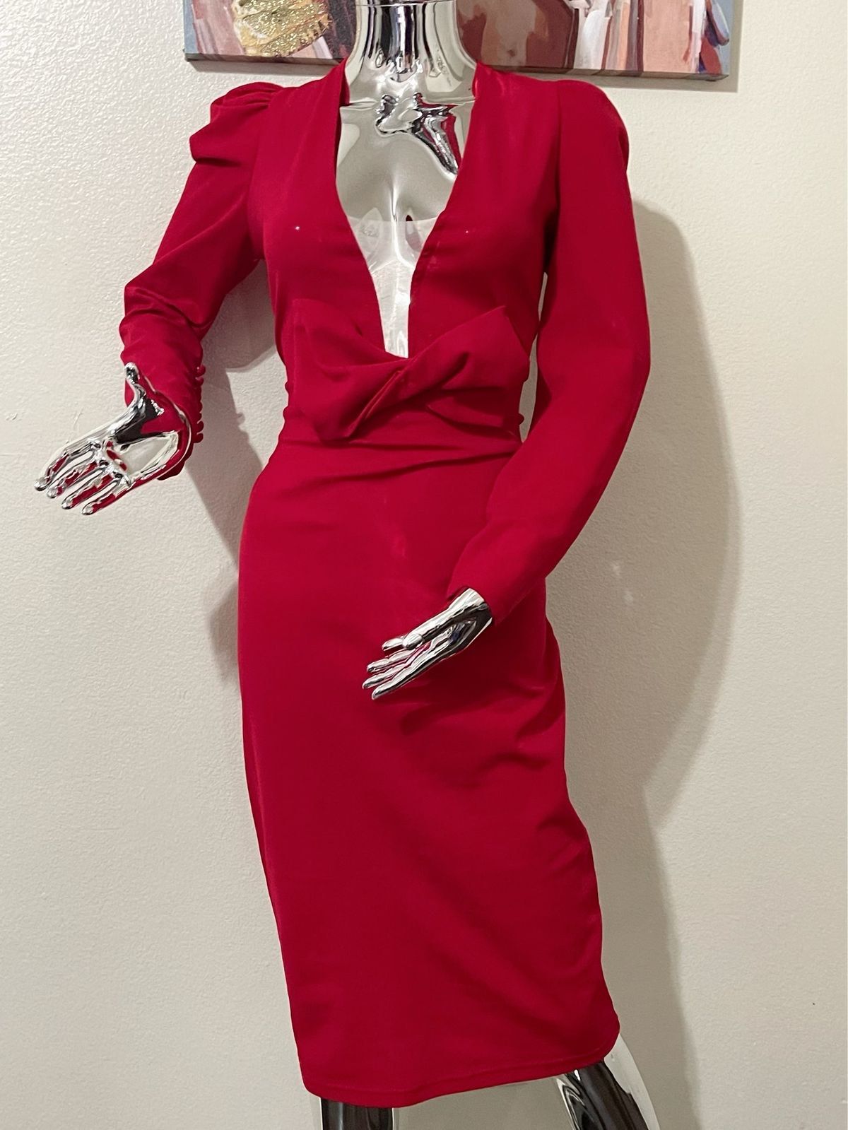 Size 14 Prom Long Sleeve Sheer Red Cocktail Dress on Queenly