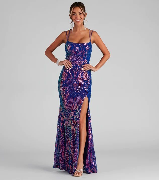 Size 6 Prom Sequined Royal Blue Side Slit Dress on Queenly