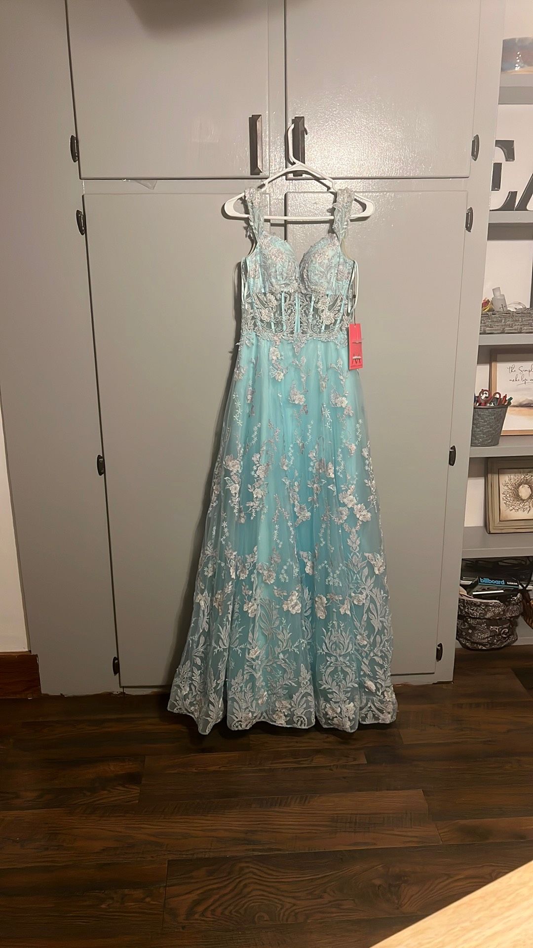 Morrell Maxie Size 6 Prom Off The Shoulder Lace Light Blue A-line Dress on Queenly