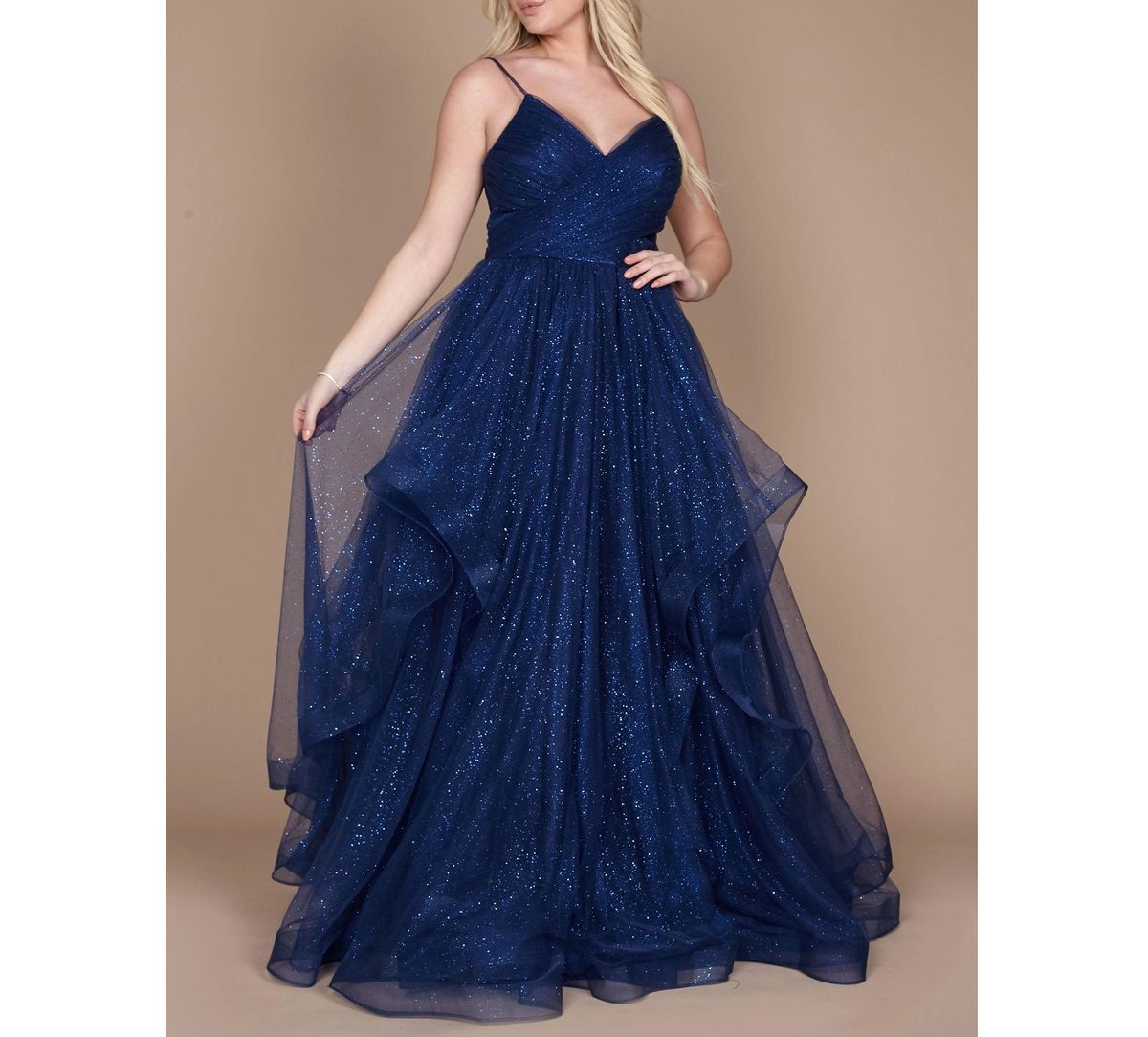 Style Navy Blue Sparkle Glitter Tulle Ruffle A-line Formal Ball Gown Dylan & David  Plus Size 16 Blue Ball Gown on Queenly