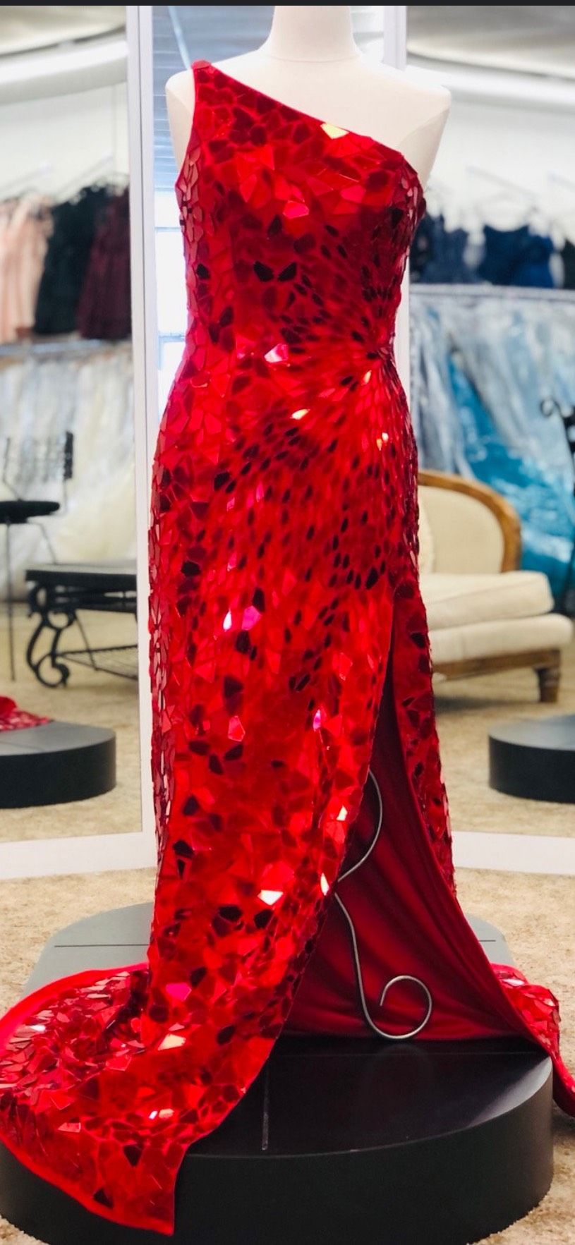 Sherri Hill Size 8 Prom One Shoulder Sequined Red Side Slit Dress on Queenly