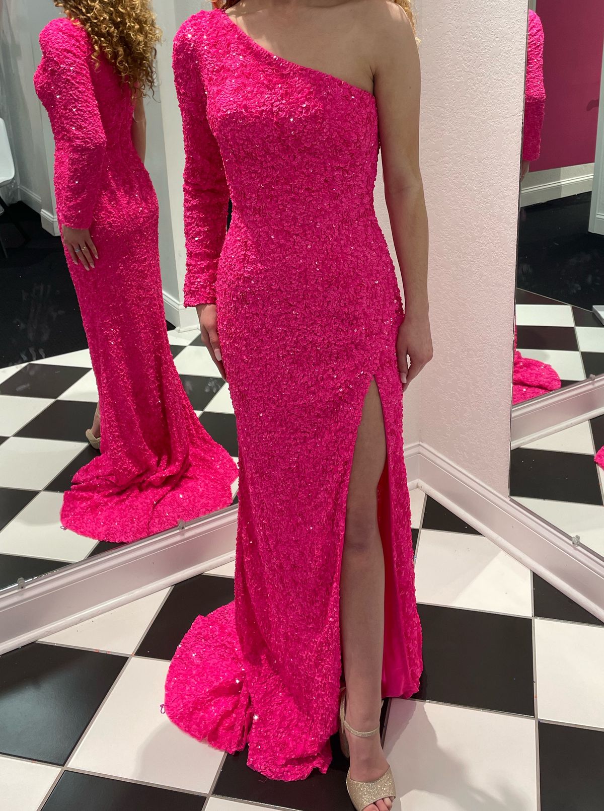 Sherri Hill Size 2 Prom Long Sleeve Hot Pink Side Slit Dress on Queenly