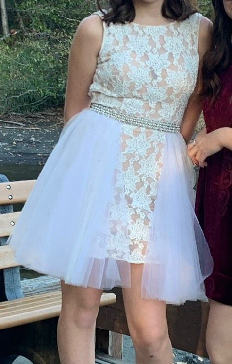 Jovani Size S Prom High Neck Lace White Cocktail Dress on Queenly