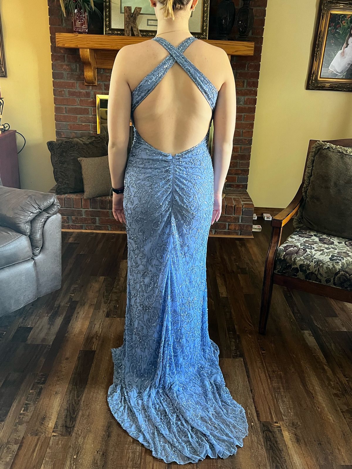 Sherri Hill Size 8 Prom High Neck Sequined Light Blue Floor Length Maxi on Queenly