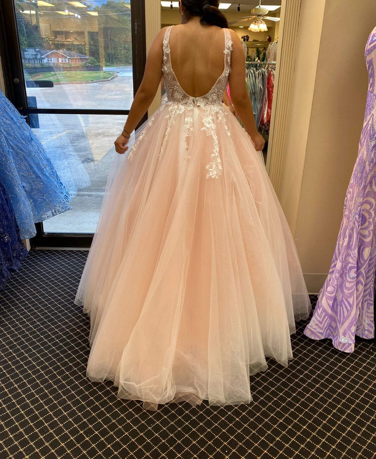 Jovani Size 8 Prom Plunge Lace Light Pink Ball Gown on Queenly