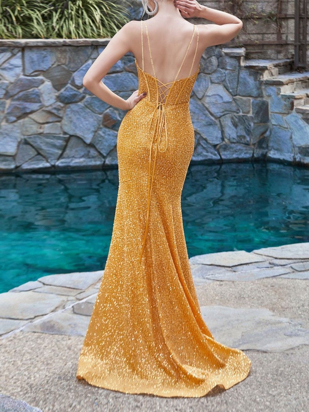 Style -1 Size 6 Prom Sequined Yellow Side Slit Dress on Queenly