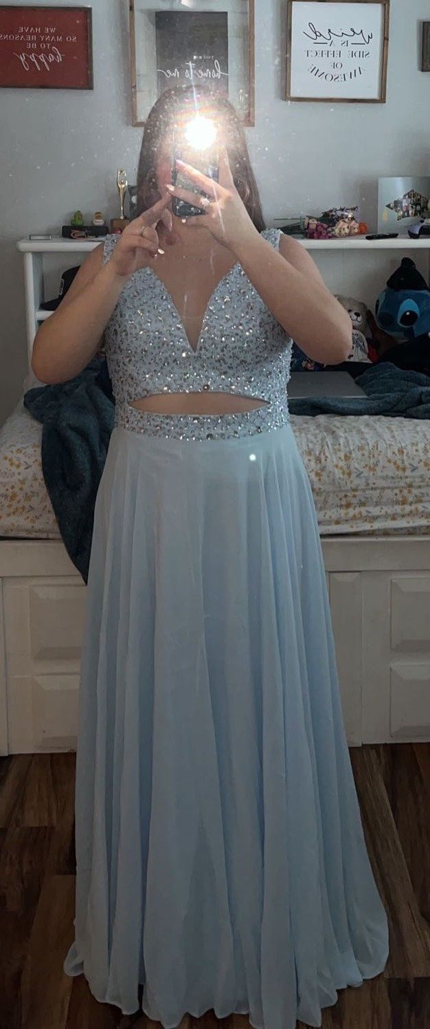 Size 14 Prom Sequined Light Blue A-line Dress on Queenly