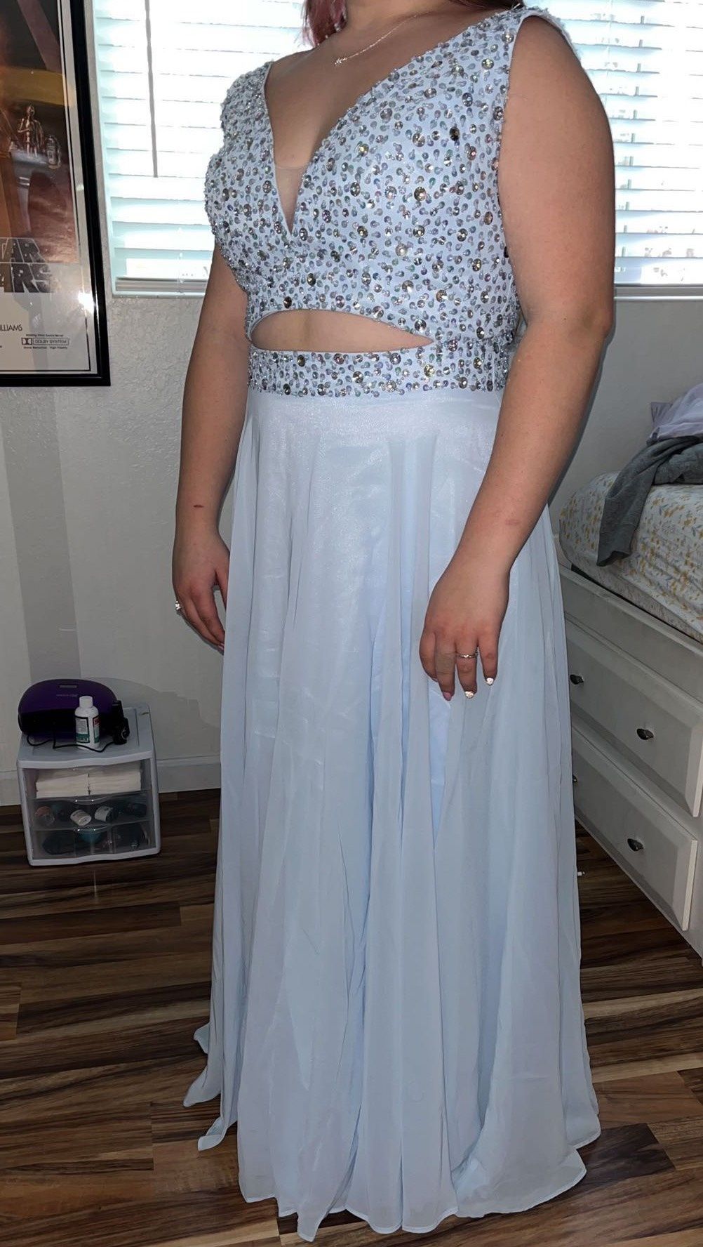 Size 14 Prom Sequined Light Blue A-line Dress on Queenly