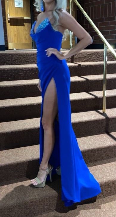 Jovani Size 0 Prom Strapless Satin Royal Blue Side Slit Dress on Queenly