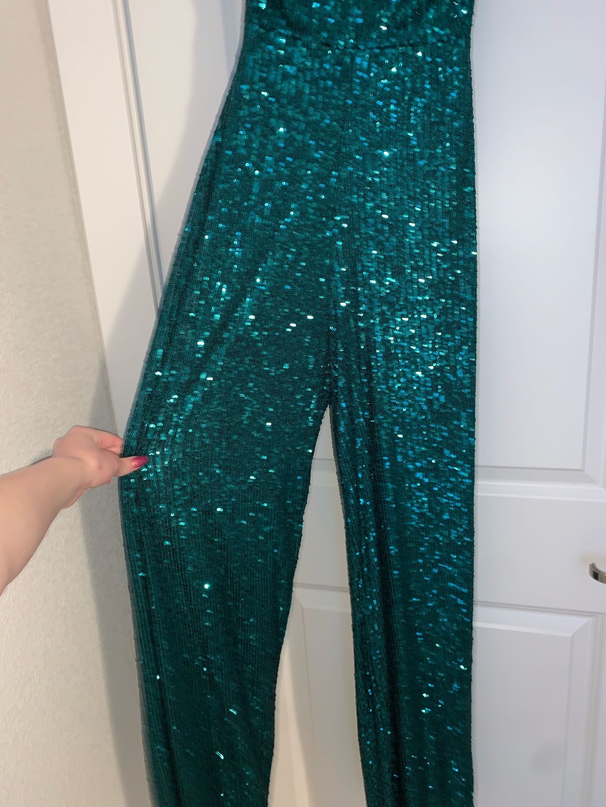 Size XS Halter Sequined Emerald Green Formal Jumpsuit on Queenly