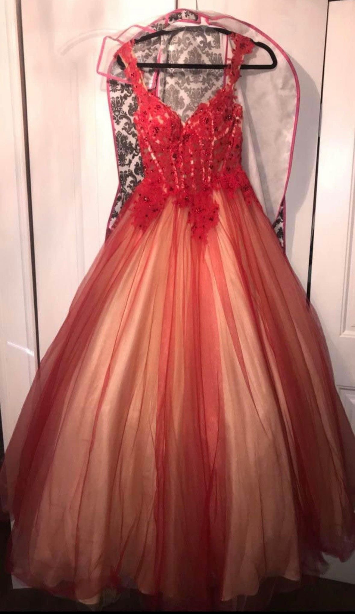 Mac Duggal Size 2 Prom Lace Red Ball Gown on Queenly
