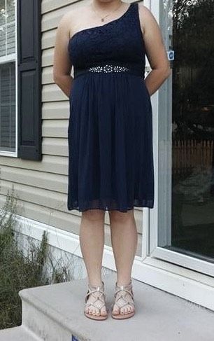 Adrianna Papell Size 14 Homecoming Off The Shoulder Navy Blue Cocktail Dress on Queenly