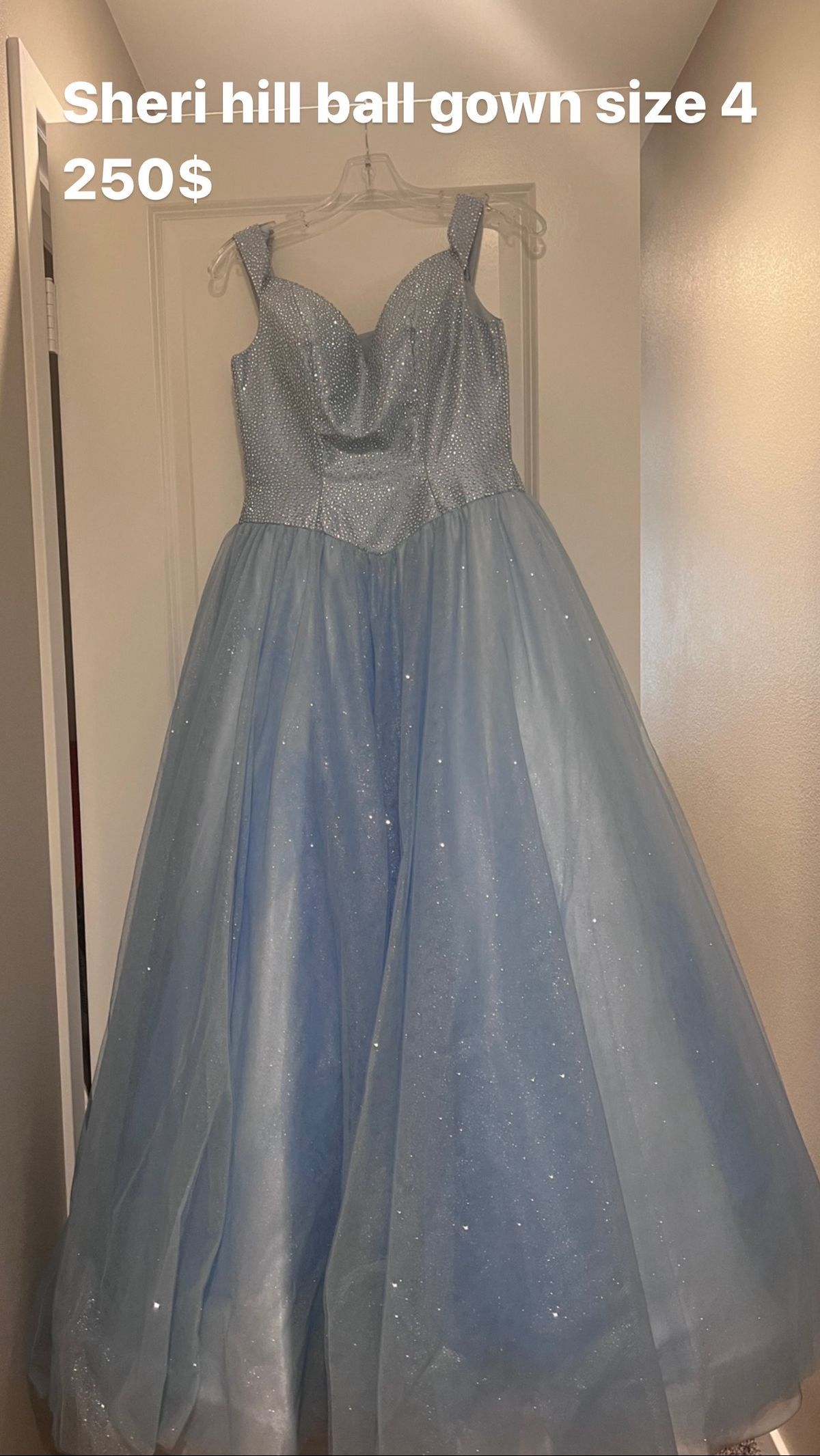Sherri Hill Girls Size 14 Pageant Off The Shoulder Sequined Light Blue Ball Gown on Queenly