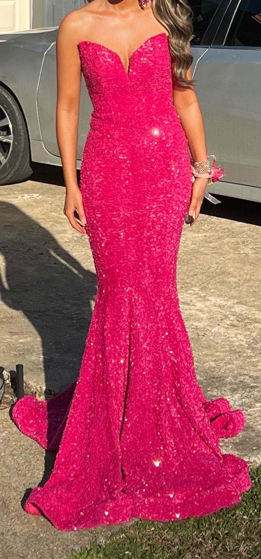Size 0 Prom Sequined Hot Pink Mermaid Dress on Queenly