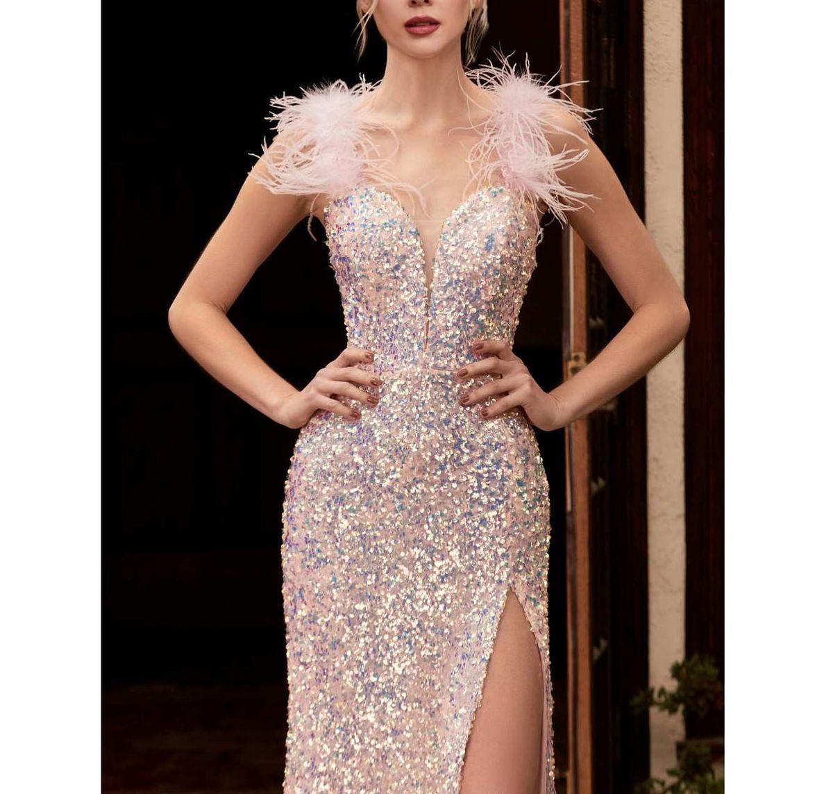 Style  Blush Sweetheart Neckline Sequined & Feather Formal Gown Cinderella Divine  Size 2 Pink Side Slit Dress on Queenly
