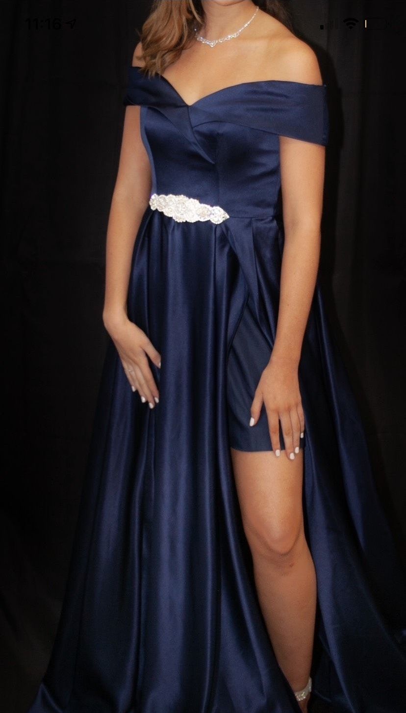 Size 4 Bridesmaid Off The Shoulder Navy Blue Ball Gown on Queenly