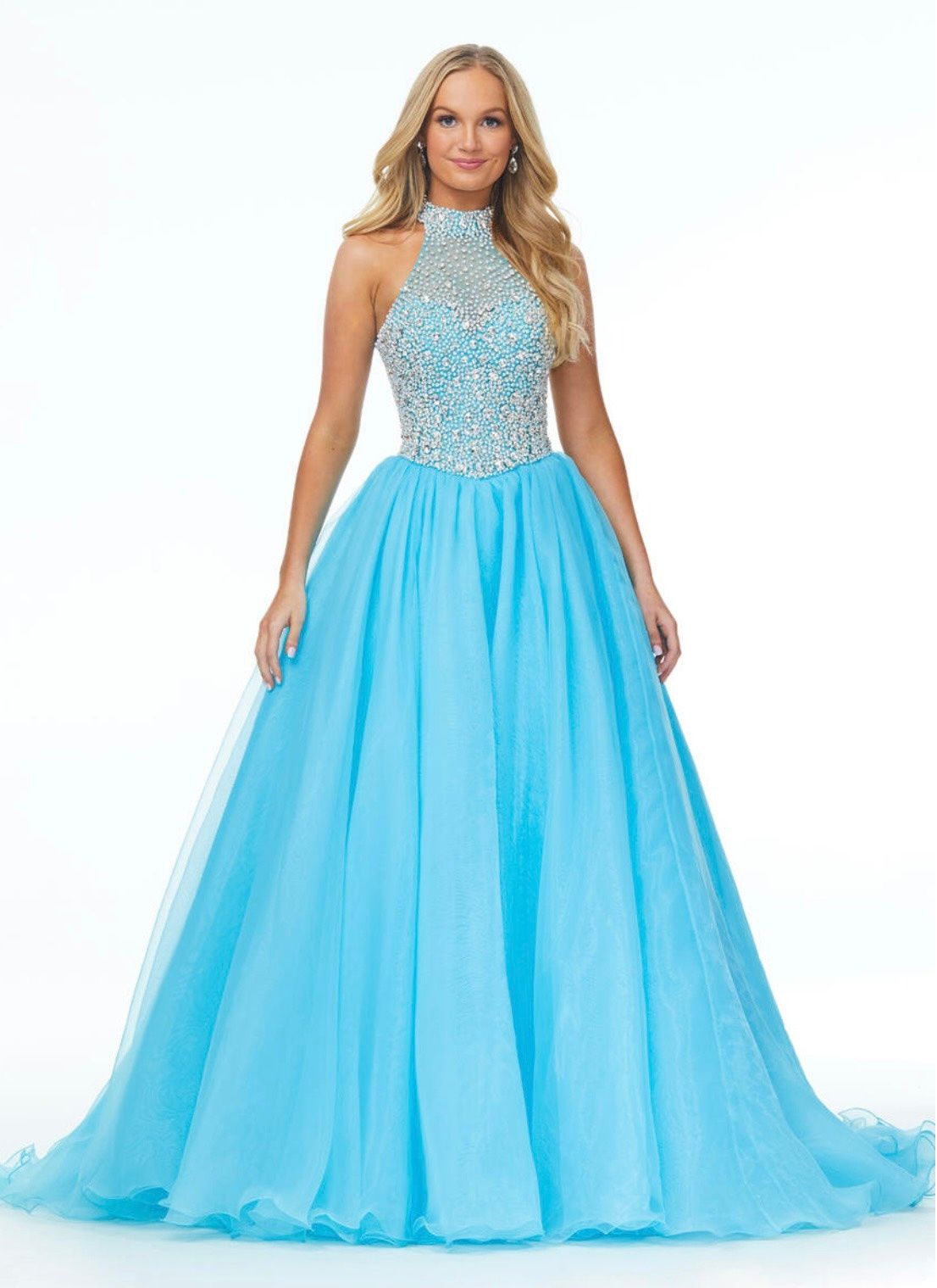 Ashley Lauren Size 0 Prom High Neck Sequined Light Blue Ball Gown on Queenly