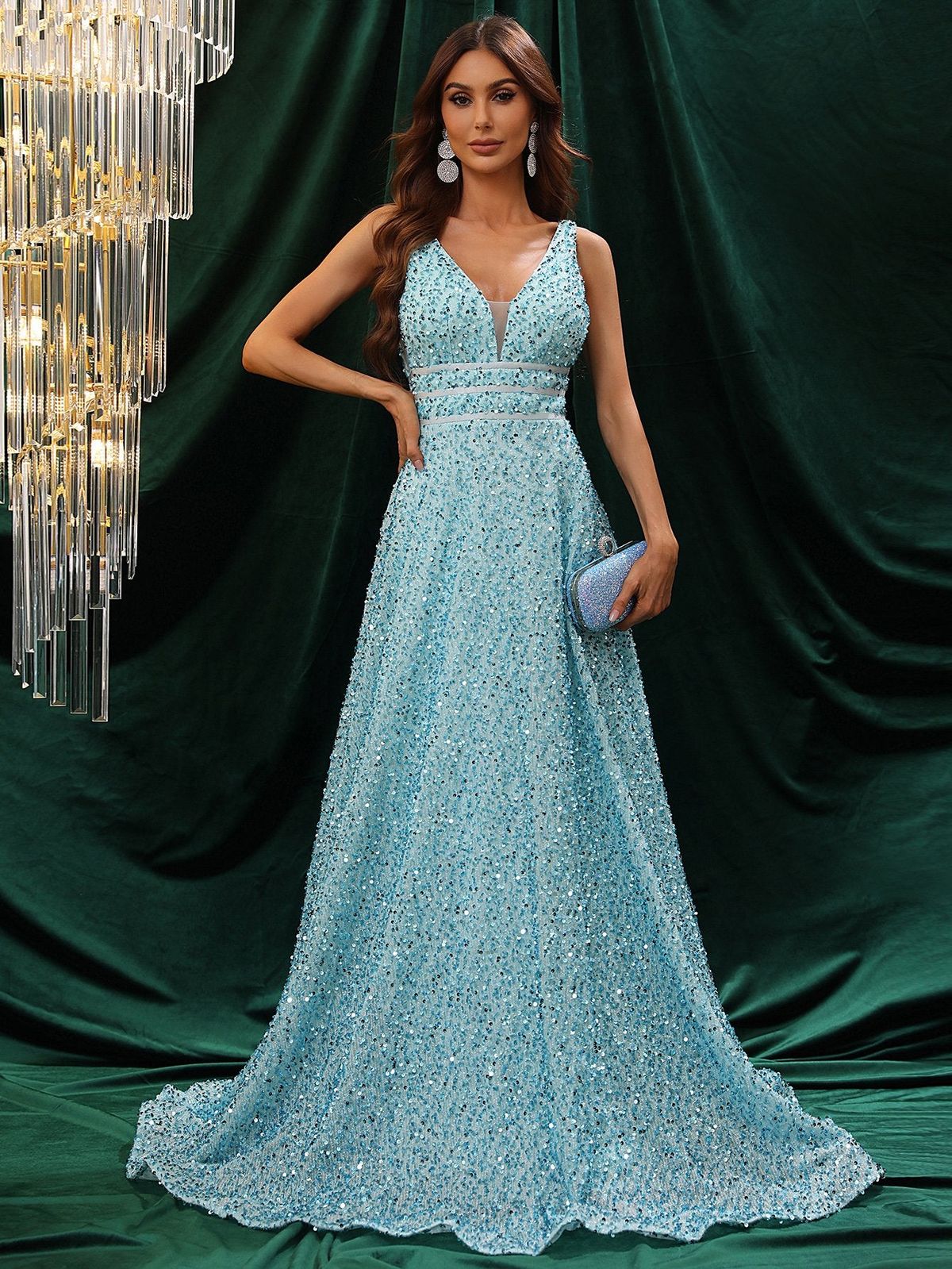 Style FSWD0448 Faeriesty Size XL Plunge Sequined Light Green Floor Length Maxi on Queenly