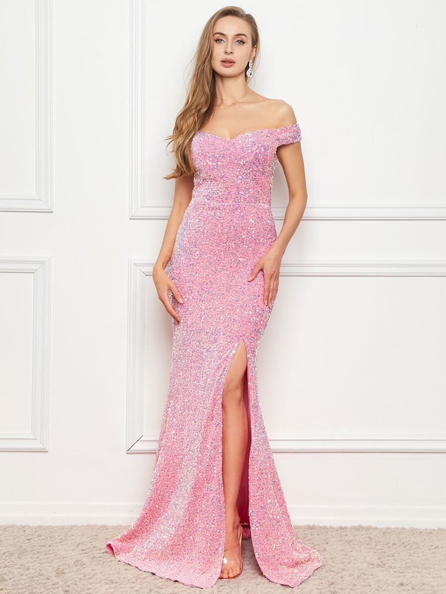 Style FSWD0012 Faeriesty Size M Prom Off The Shoulder Sequined Pink Side Slit Dress on Queenly
