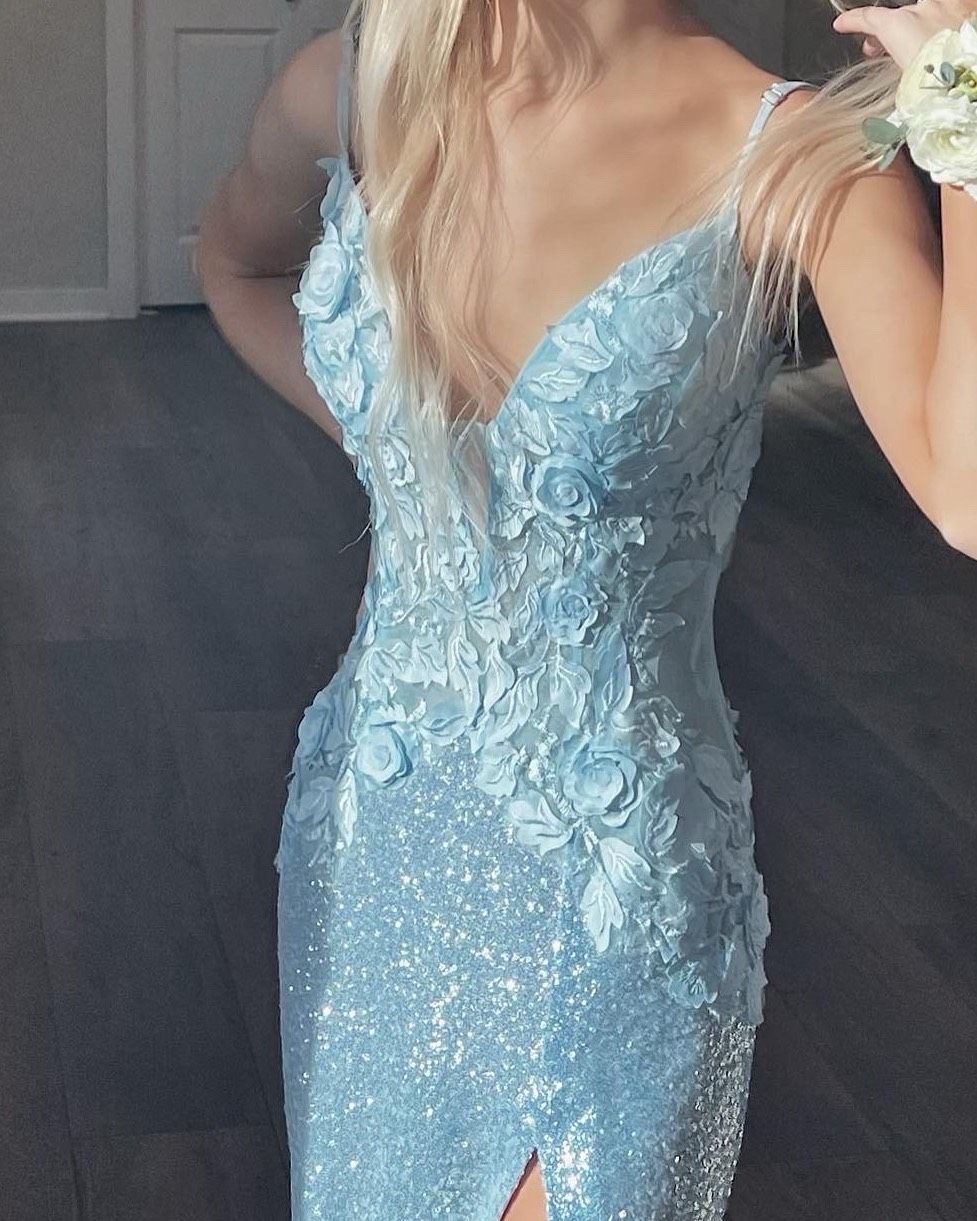 Jovani Size 2 Bridesmaid Plunge Sequined Light Blue Side Slit Dress on Queenly
