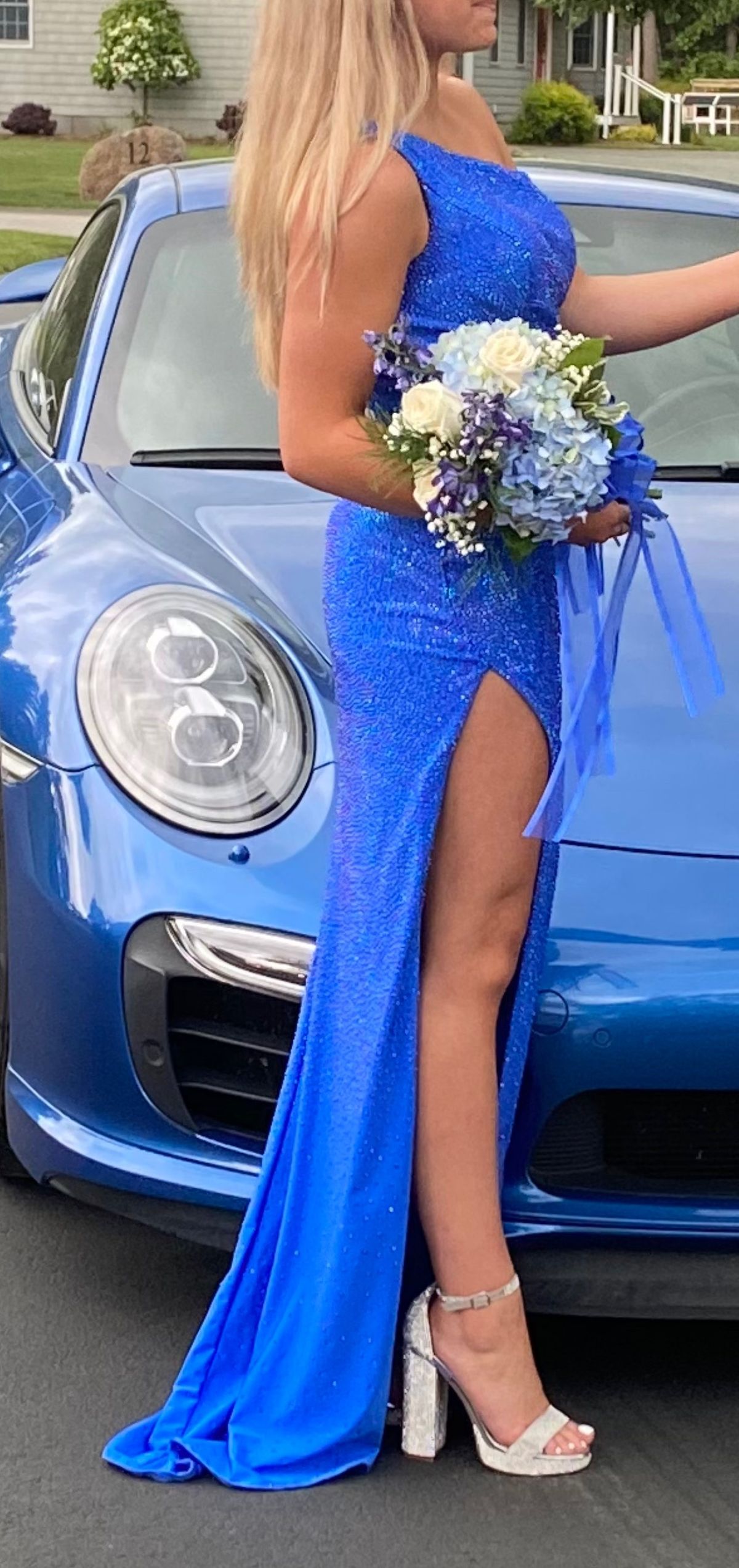 Sherri Hill Size S Bridesmaid One Shoulder Sequined Royal Blue Side Slit Dress on Queenly