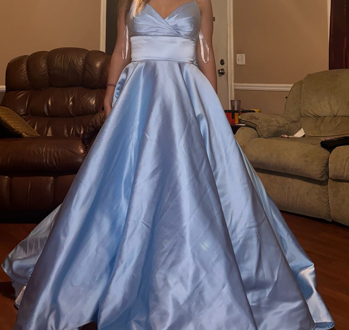 Sherri Hill Size 8 Prom Plunge Satin Light Blue Ball Gown on Queenly