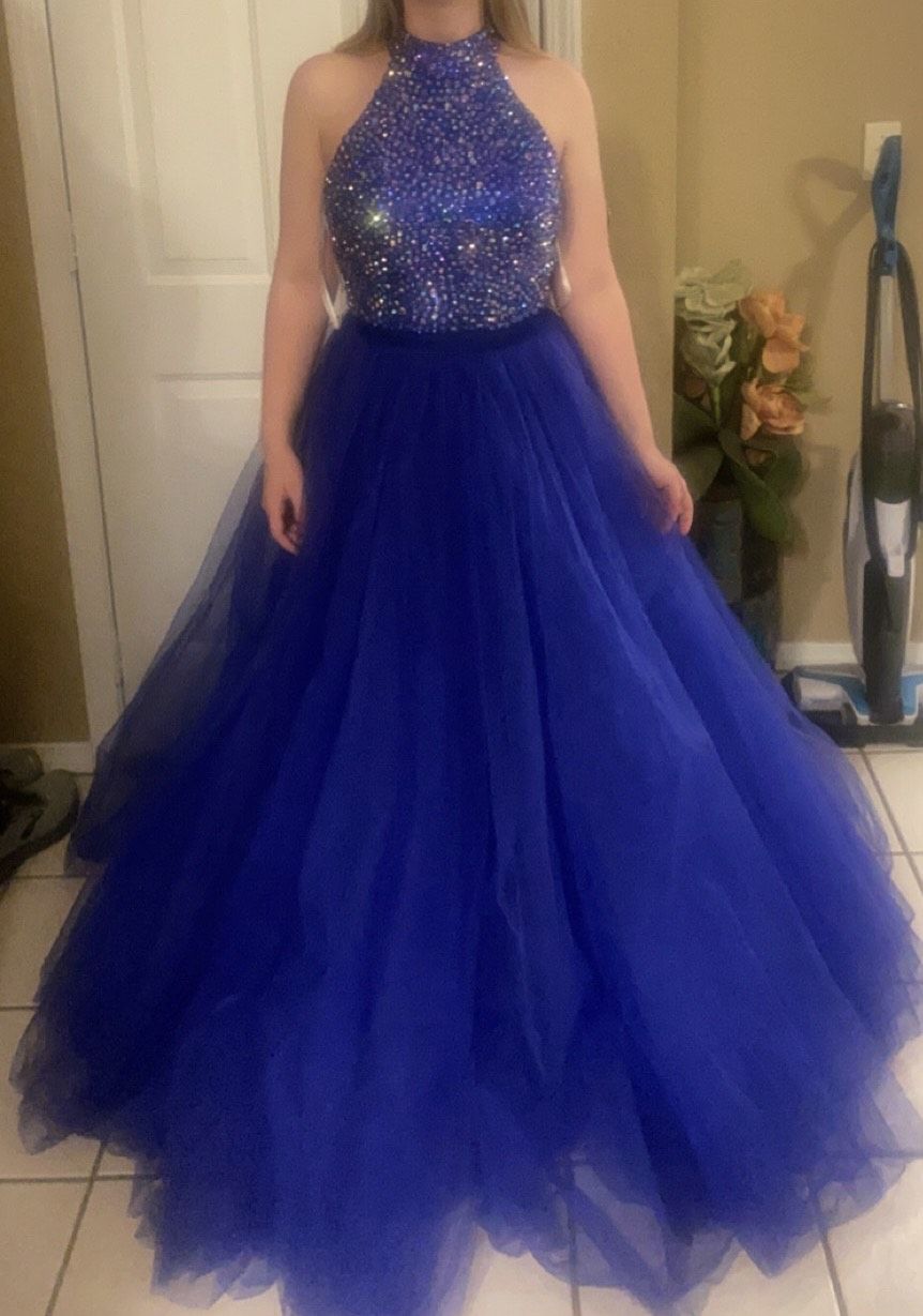 Sherri Hill Size 8 Prom High Neck Sequined Royal Blue Ball Gown on Queenly