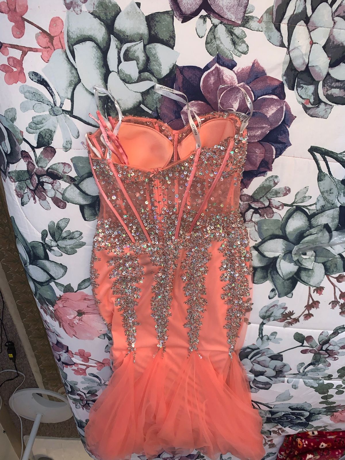Jovani Size 6 Bridesmaid Strapless Sequined Coral Mermaid Dress on Queenly