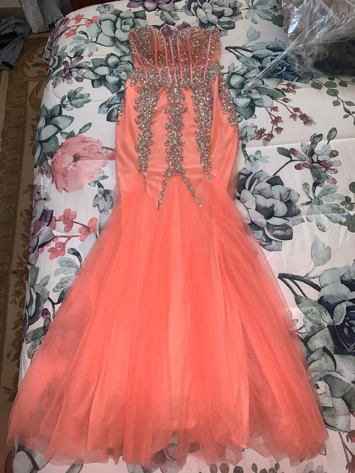 Jovani Size 6 Bridesmaid Strapless Sequined Coral Mermaid Dress on Queenly