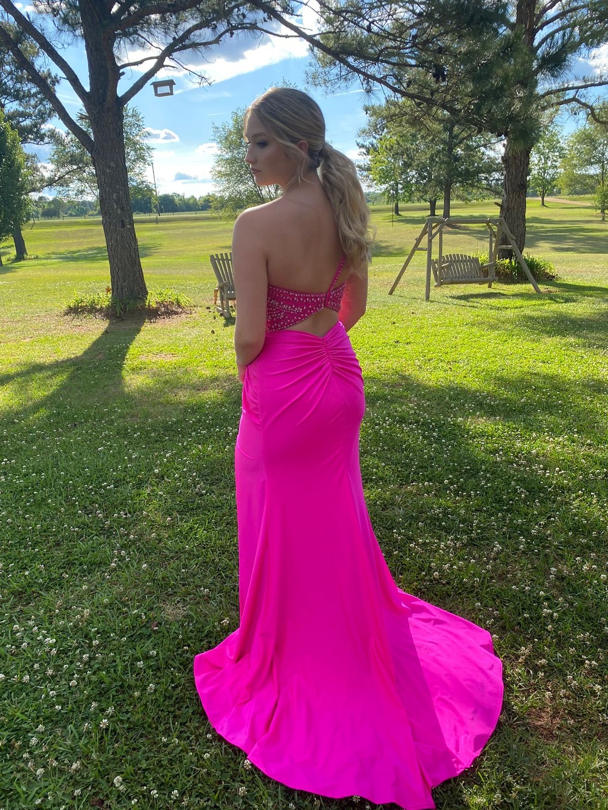 Ashley Lauren Size 6 Prom One Shoulder Sequined Hot Pink Floor Length Maxi on Queenly