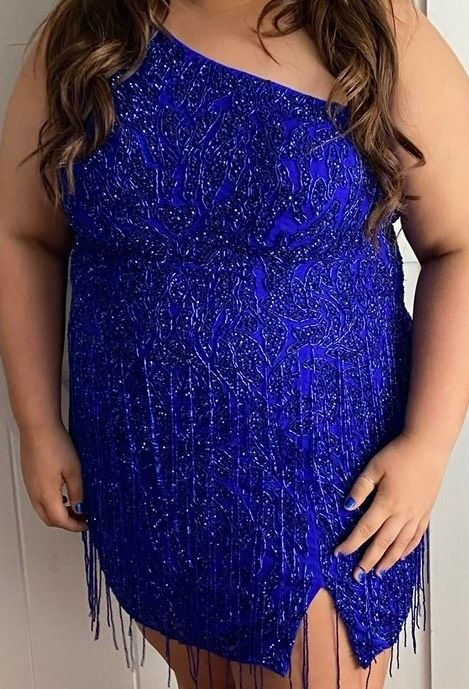 Sherri Hill Plus Size 20 Prom One Shoulder Sequined Royal Blue Side Slit Dress on Queenly