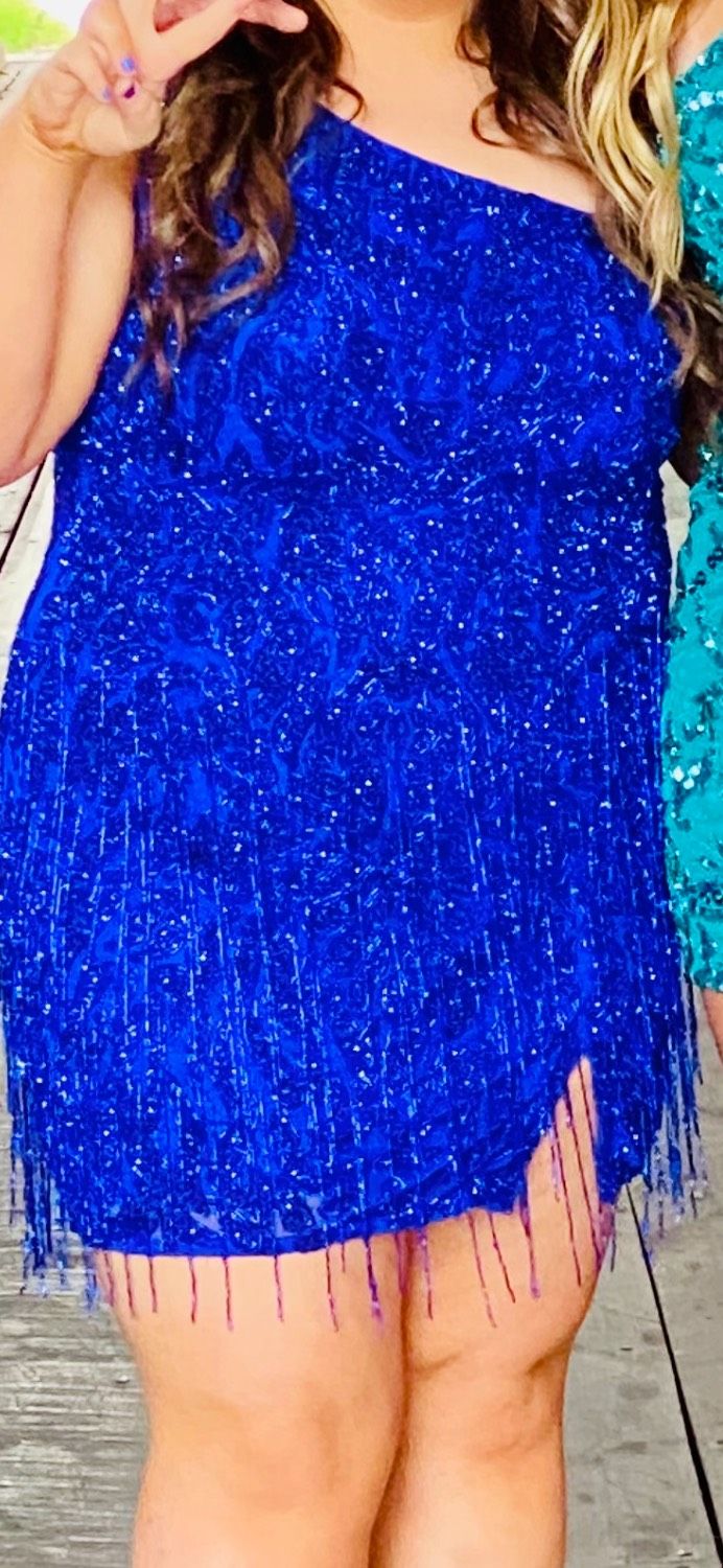 Sherri Hill Plus Size 20 Prom One Shoulder Sequined Royal Blue Side Slit Dress on Queenly