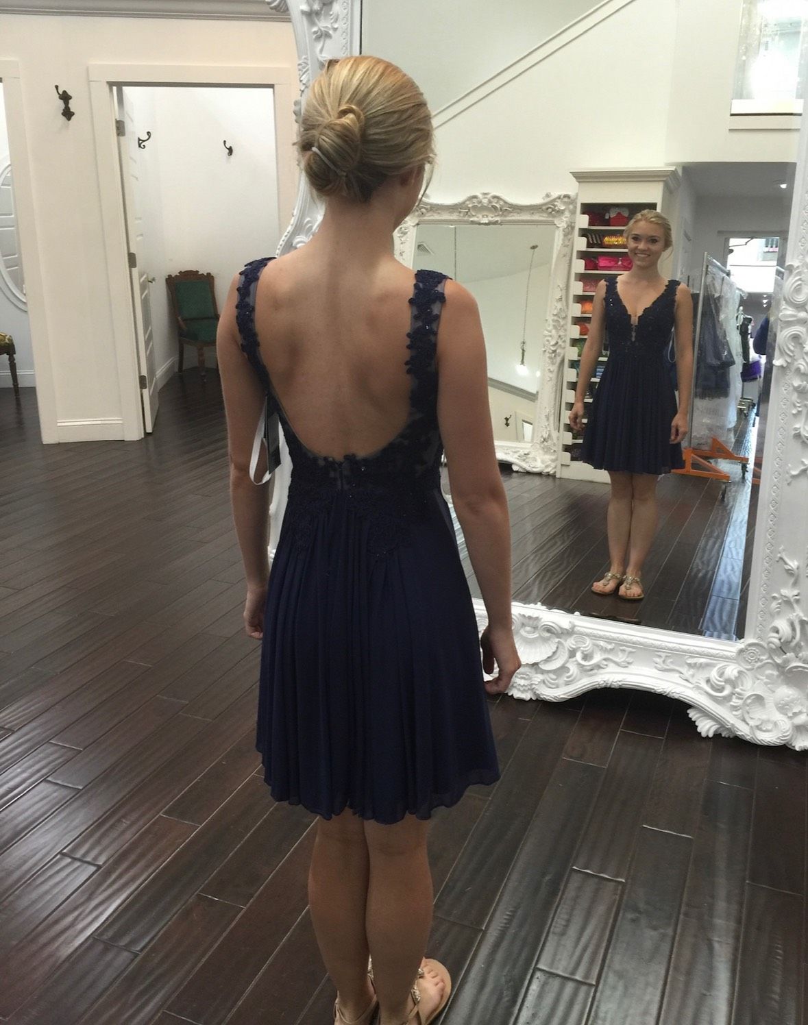 Sherri Hill Size 00 Prom Plunge Lace Navy Blue A-line Dress on Queenly