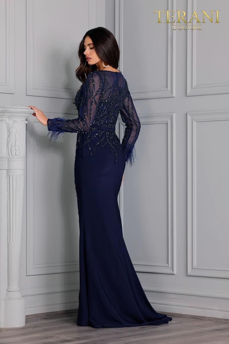 Style 2111M5277 Terani Couture Plus Size 16 Pageant Navy Blue Side Slit Dress on Queenly