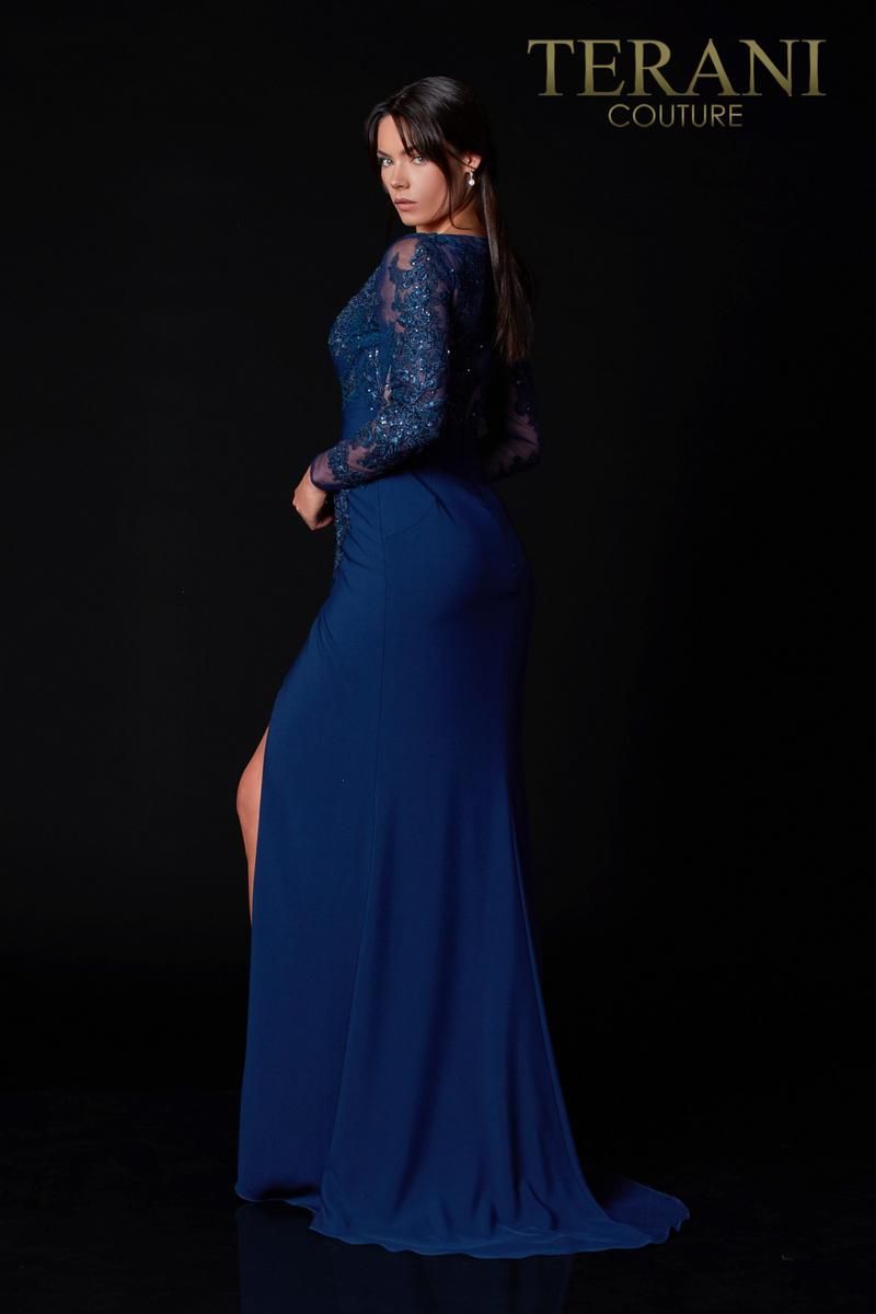 Style 2111M5275 Terani Couture Plus Size 16 Pageant Navy Blue Side Slit Dress on Queenly