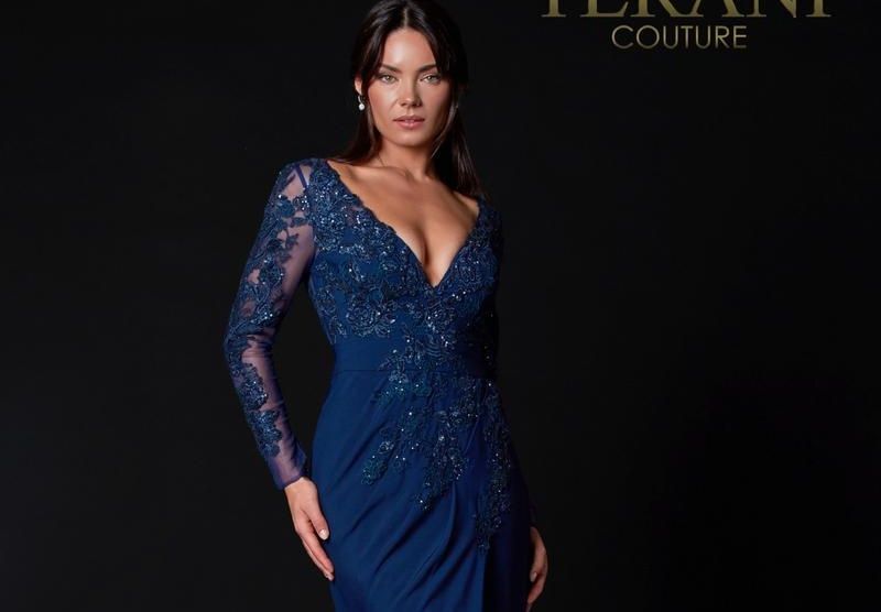 Style 2111M5275 Terani Couture Plus Size 16 Pageant Navy Blue Side Slit Dress on Queenly