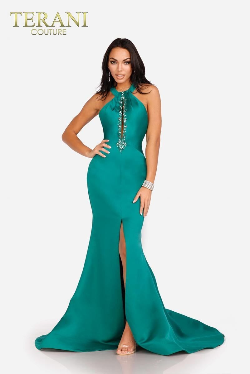Style 231P0107 Terani Couture Size 12 Prom Emerald Green Side Slit Dress on Queenly