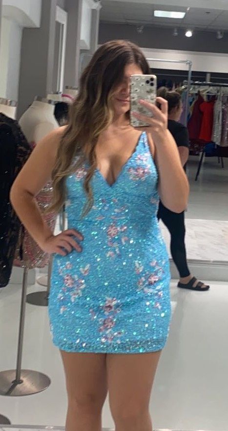 Aleta Size 12 Homecoming Sequined Light Blue Cocktail Dress on Queenly