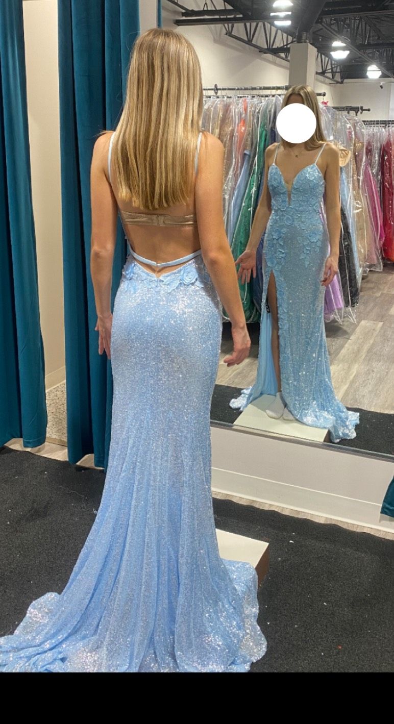 Jovani Size 0 Bridesmaid Plunge Lace Light Blue Side Slit Dress on Queenly