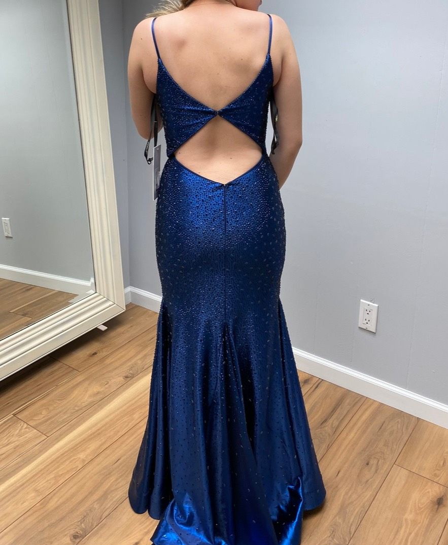 Jovani Size 4 Bridesmaid Plunge Satin Royal Blue Mermaid Dress on Queenly