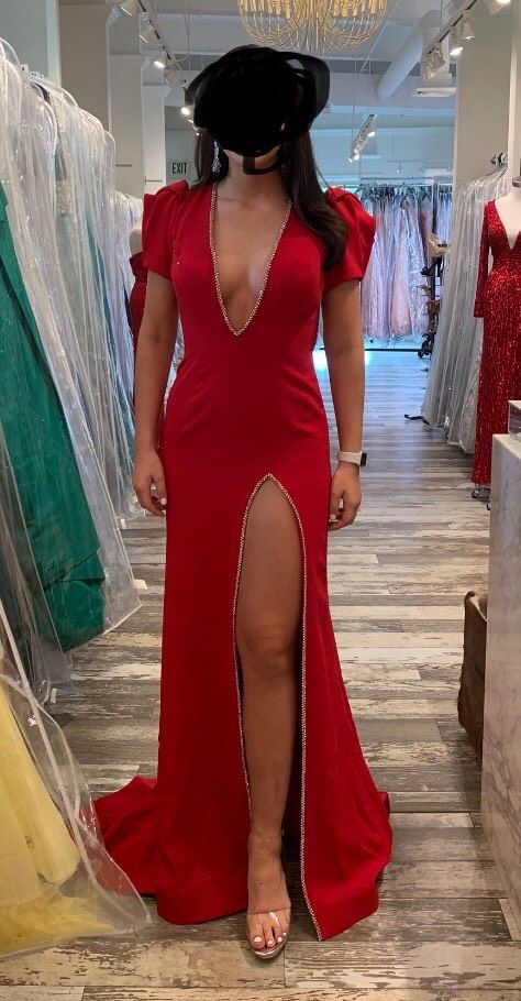 Jovani Size 4 Prom Sequined Red Side Slit Dress on Queenly