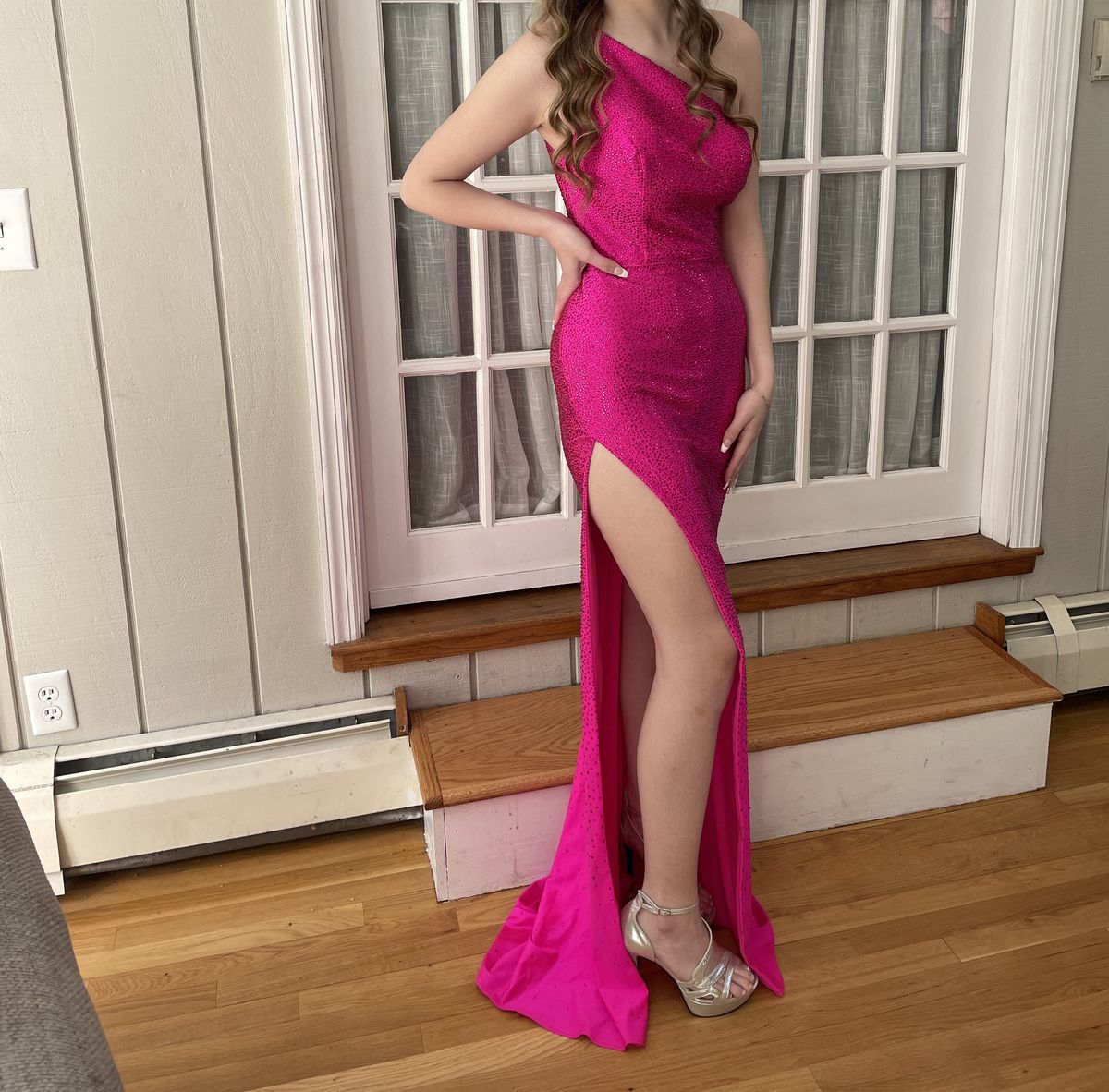 Sherri Hill Size 4 Bridesmaid One Shoulder Sequined Hot Pink Side Slit Dress on Queenly