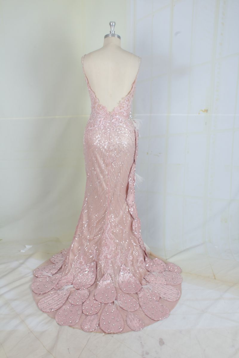 Style #95153 sheer pastel pink sequin beaded formal evening gown Darius Cordell Size 4 Prom Sequined Pink Side Slit Dress on Queenly