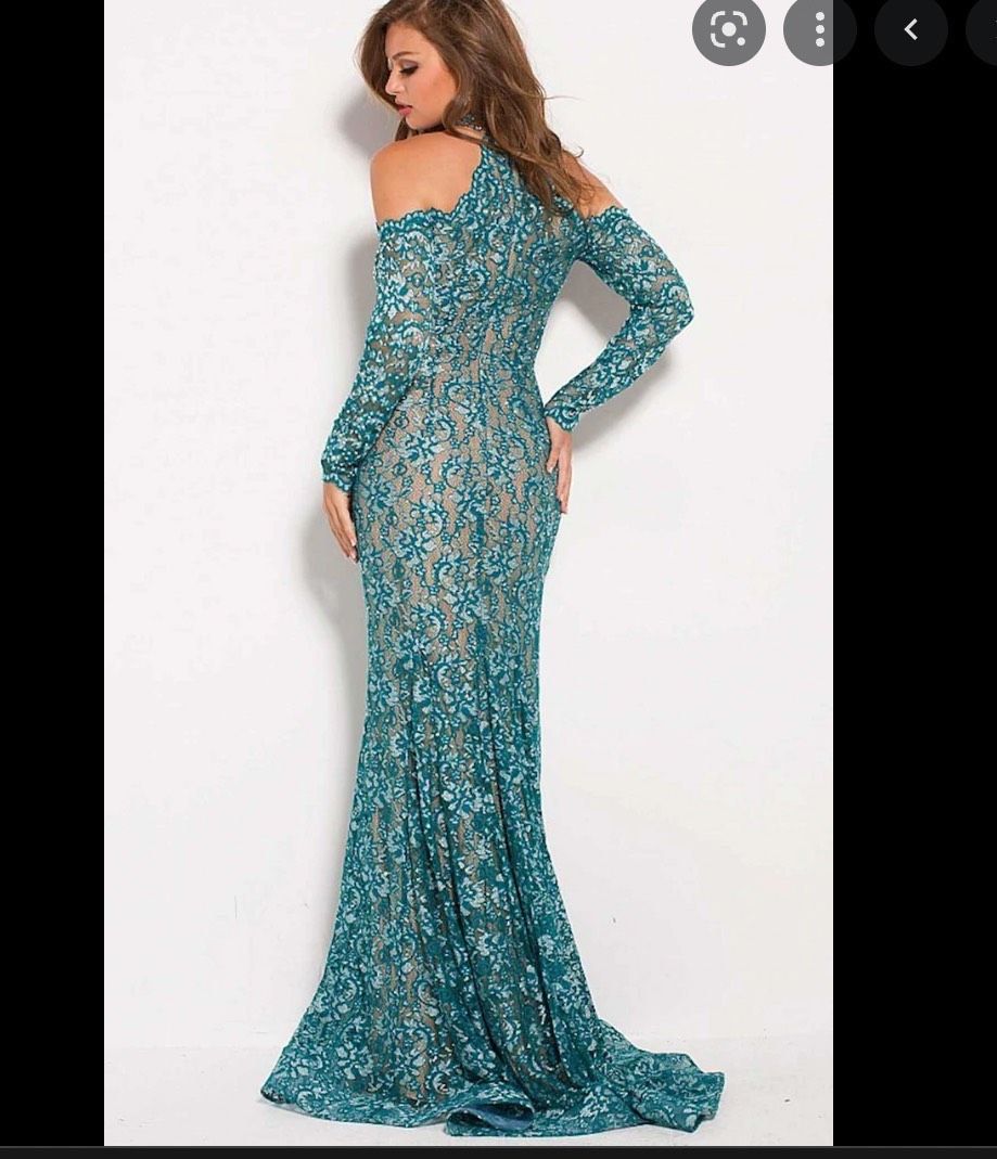 Jovani Size 2 Prom Long Sleeve Lace Blue Floor Length Maxi on Queenly