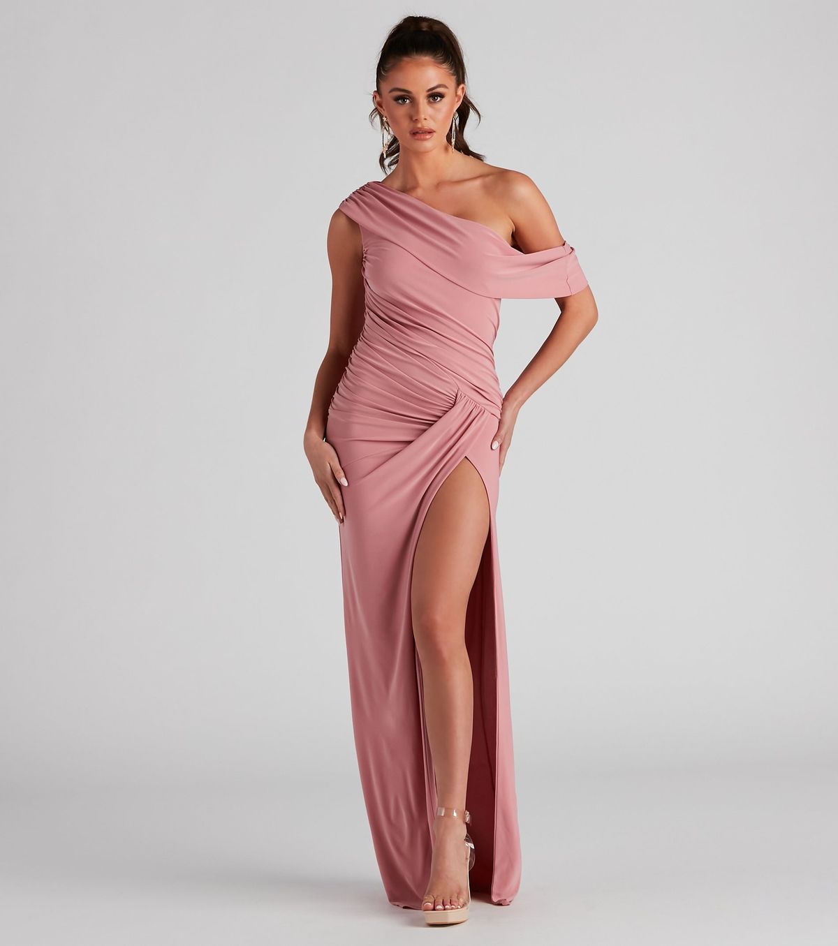 Style 05002-6571 Windsor Size S Bridesmaid Off The Shoulder Sequined Coral Side Slit Dress on Queenly