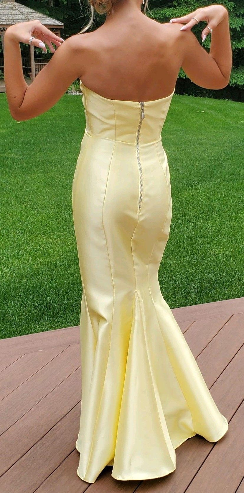 Sherri Hill Size 0 Prom Strapless Satin Yellow Side Slit Dress on Queenly