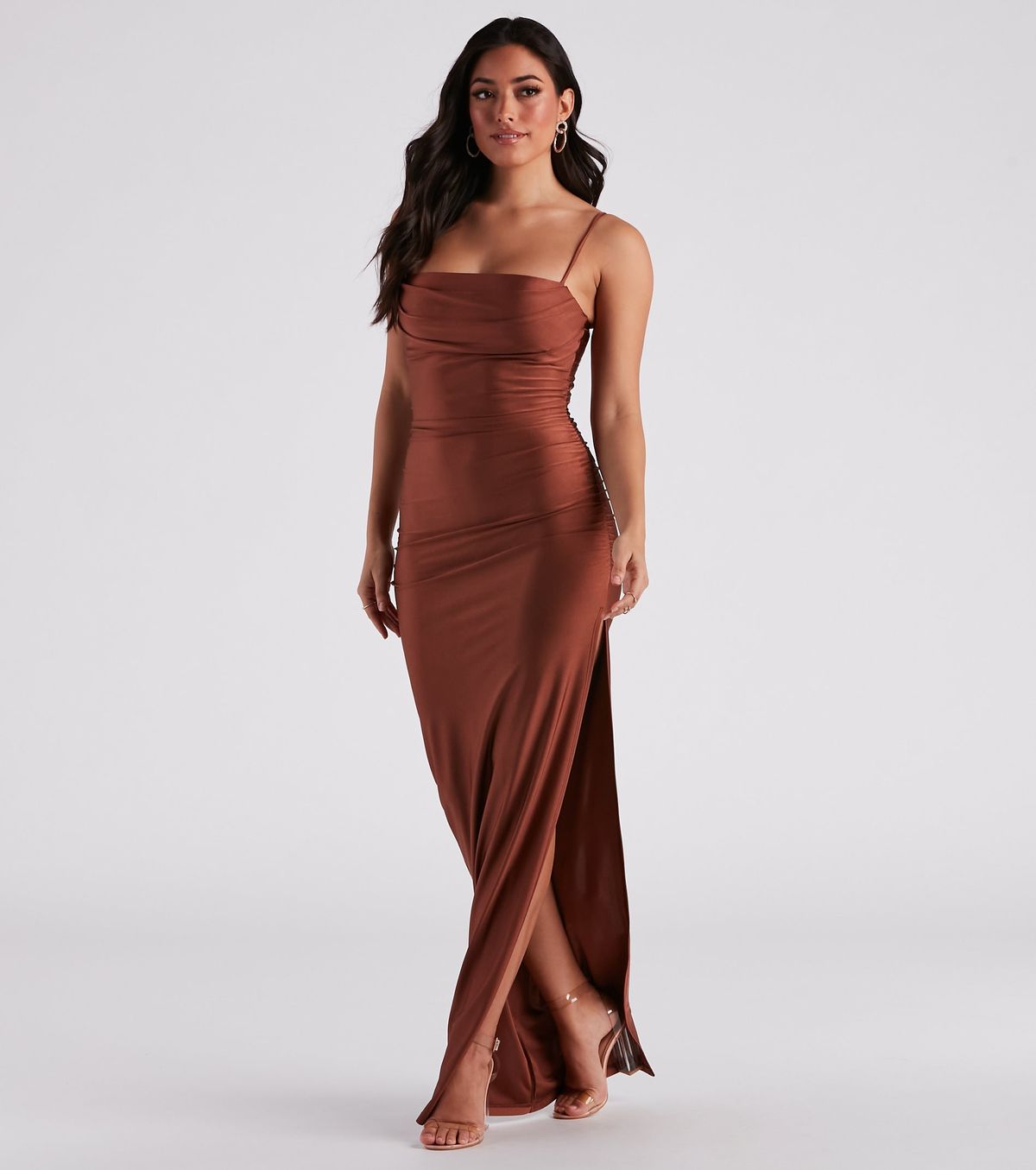 Style 05002-6878 Windsor Size M Bridesmaid Satin Brown Side Slit Dress