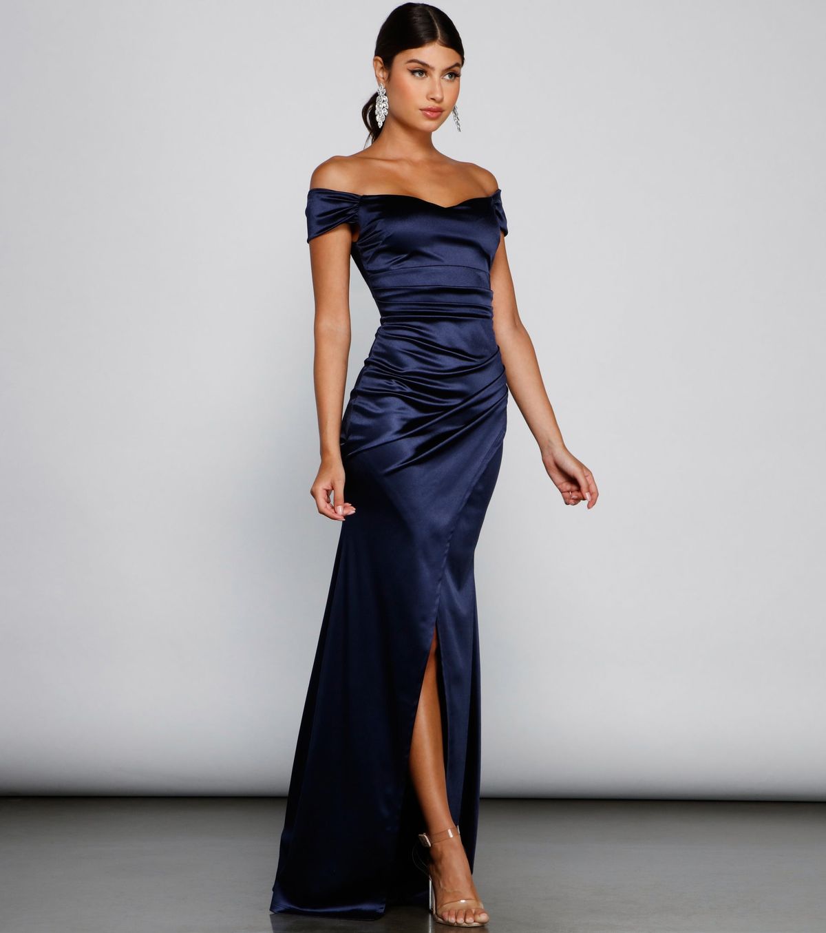 Style 05002-1578 Windsor Size S Bridesmaid Off The Shoulder Satin Navy Blue Side Slit Dress on Queenly