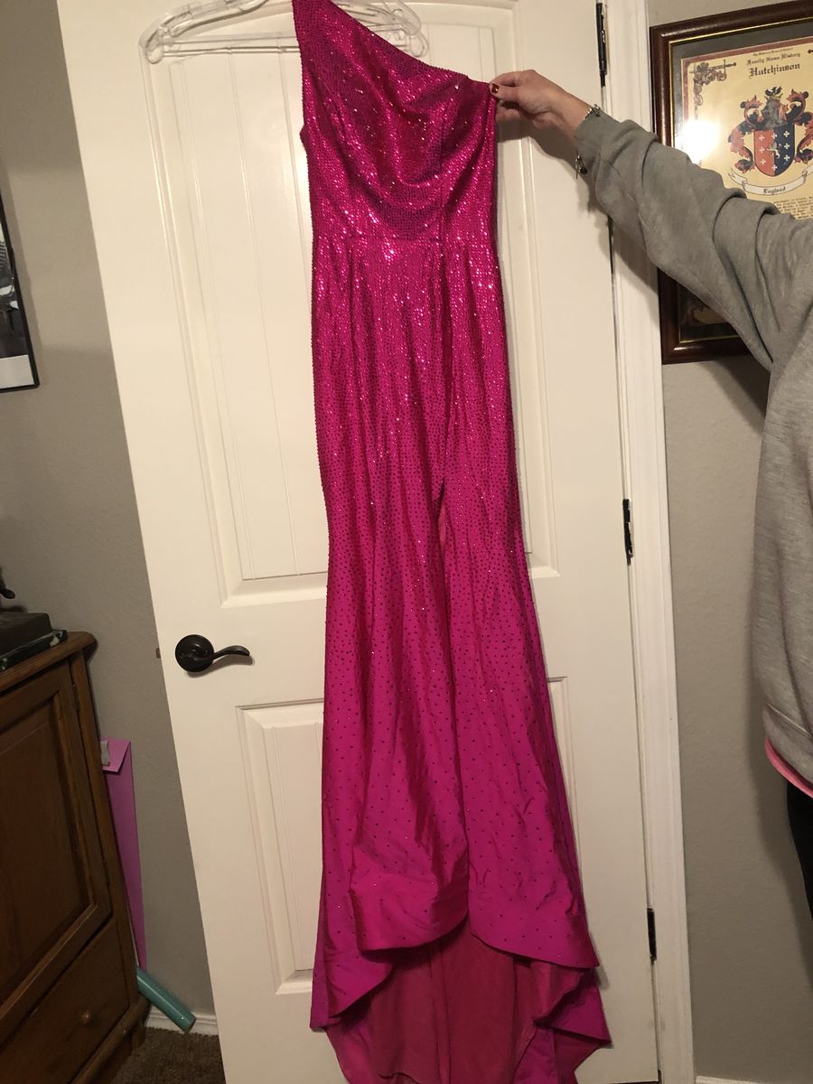 SHERRI HILL Size 4 Bridesmaid One Shoulder Sequined Hot Pink Mermaid Dress on Queenly